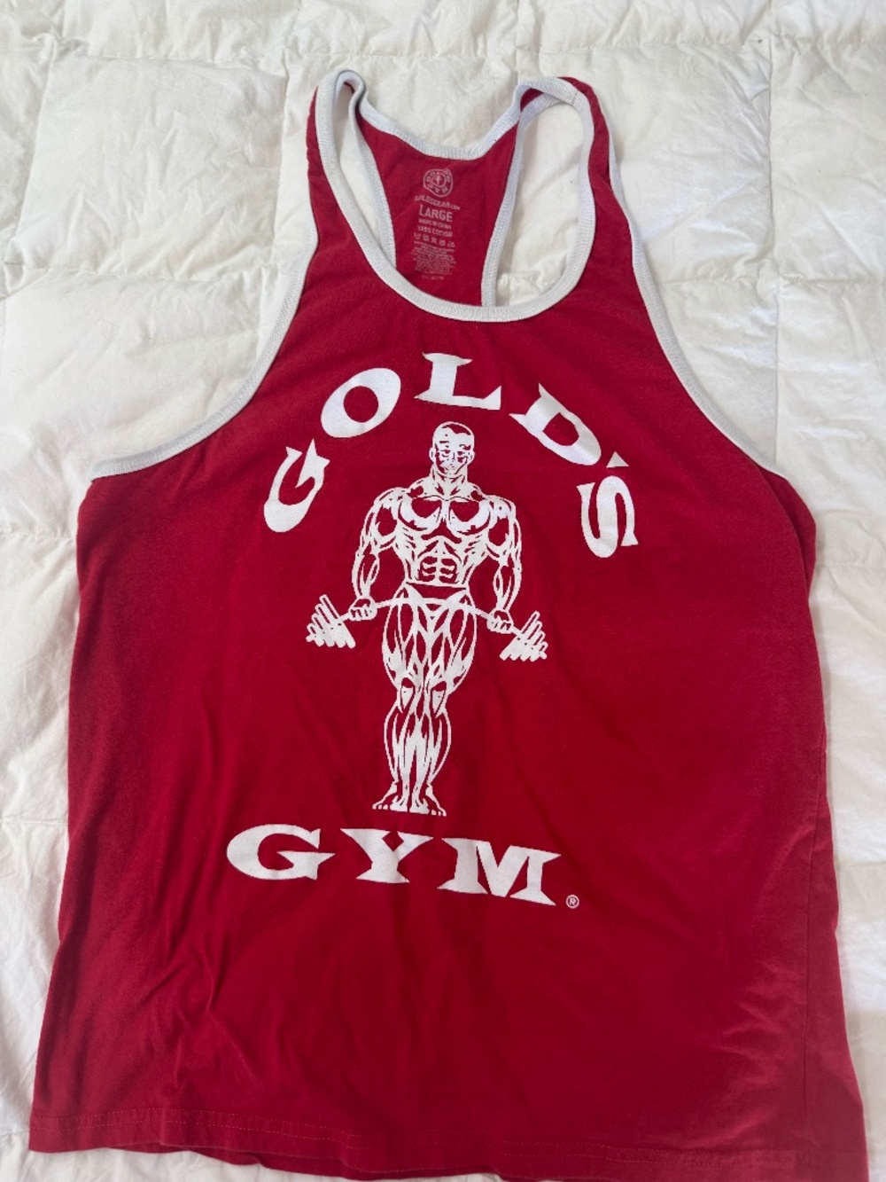 Golds Gym, Large, Red with white trim, Stringer tank top,  fits like a medium